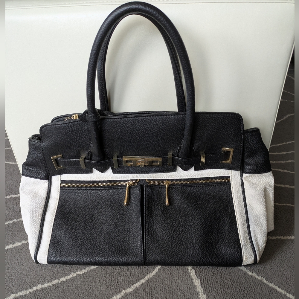Color Block Black & White Pebbled Vegan PVC Large Satchel